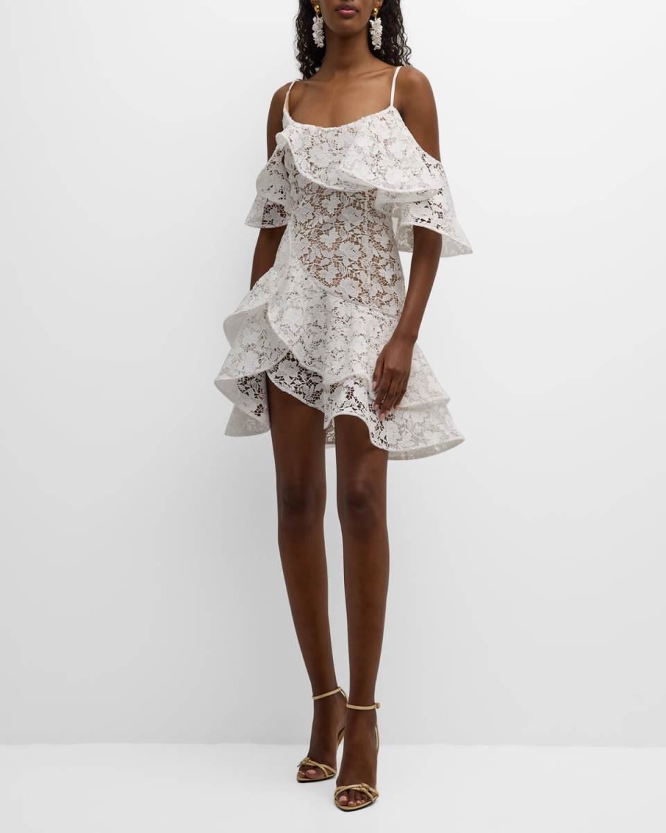 Gardenia Guipure Ruffle Cold-Shoulder Tiered Mini Dress